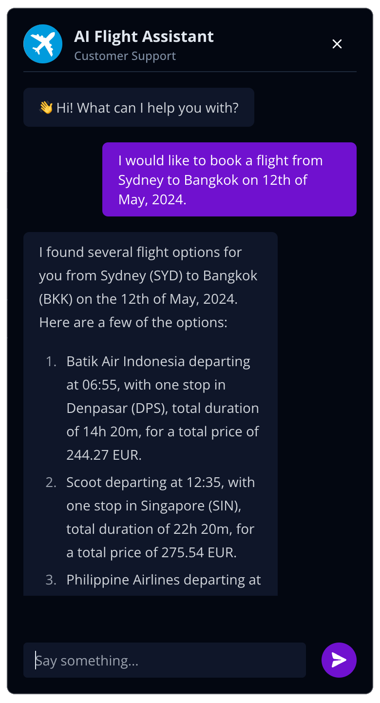 AI Flight Reservation Chatbot Screenshot